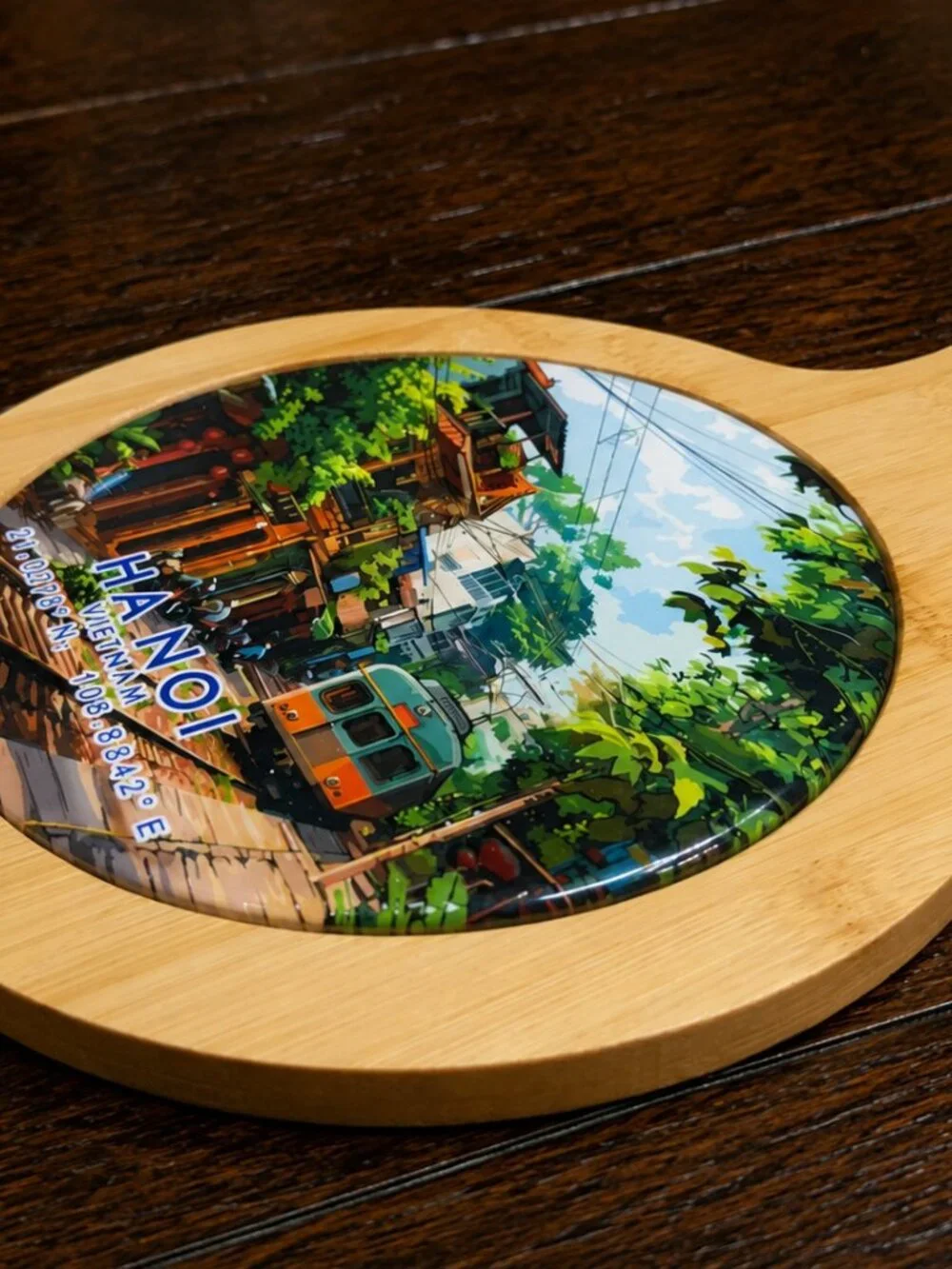 Hand-Painted Hanoi Vietnam Street Train Bamboo Serving Board Paddle, Embossed